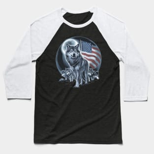 Wolves Under Moon Howling Wolf 4th of July American Flag Baseball T-Shirt